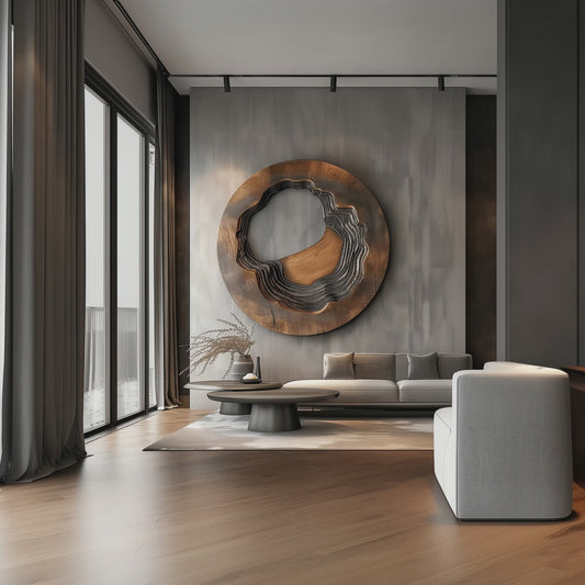 Large Round Wooden Wall Art – Handmade Abstract Layered Carved Sculpture | Solid Wood Organic Crater Design Modern Home Decor