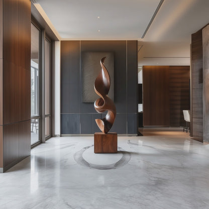 Hand Carved Abstract Wooden Flame Sculpture, Modern Organic Spiral Art, Luxury Large Statement Floor Decor, Minimal Contemporary Wood Artwork