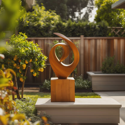 Hand Carved Wooden Infinity Loop Sculpture, Abstract Spiral Flame Form, Large Outdoor Garden Statement Art, Modern Luxury Decor Gift