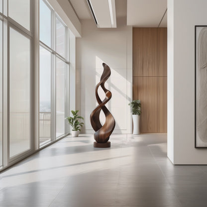 Tall Double Twist Wooden Sculpture – Handmade Abstract Intertwined Design | Solid Wood with Natural Grain Contemporary Floor Art Decor