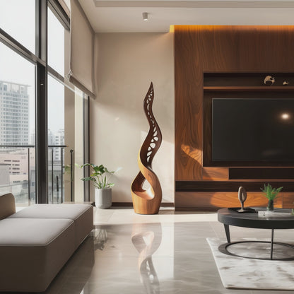 Tall Wooden Sculpture with Cutout Design – Handmade Modern Abstract Double Twist | Solid Wood Organic Carved Floor Art Home Decor