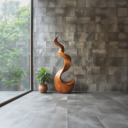 Tall Abstract Wooden Sculpture, Hand Carved Modern Spiral Flame Art, Large Statement Floor Decor, Organic Luxury Wood Artwork for Living Room