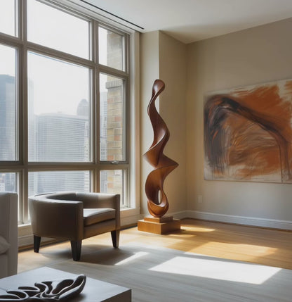 Hand Carved Tall Wooden Flame Twist Sculpture with Hollow Loop, Modern Abstract Floor Art, Luxury Statement Decor, Organic Wood Form