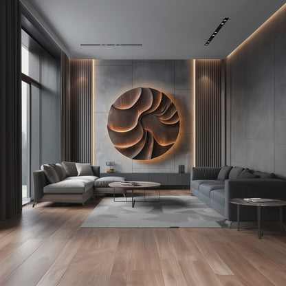 Large Round 3D Wood Wall Sculpture, Abstract Layered Wave Relief Art, Organic Topographic Modern Decor, Luxury Statement Wall Hanging