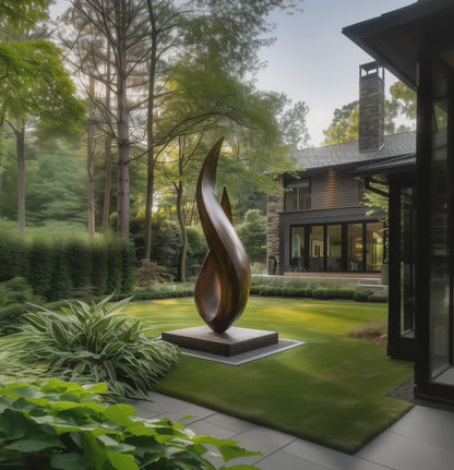 Large Abstract Flame Twist Wooden Sculpture, Modern Outdoor Garden Statement Art, Hand Carved Solid Wood Monument Decor