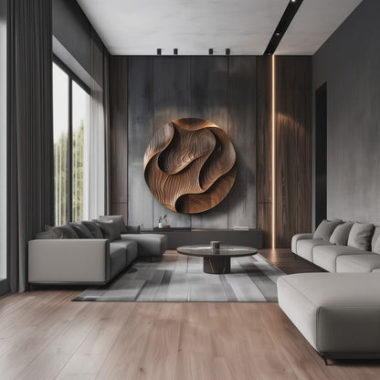 Large Round 3D Wooden Wall Sculpture, Hand Carved Topographic Relief Wall Art, Organic Modern Luxury Statement Decor for Living Room