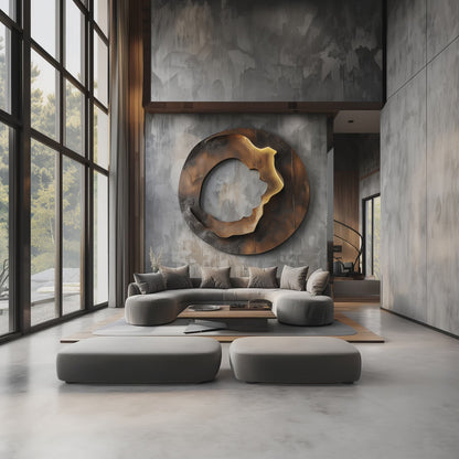 Large Abstract Circular Wall Sculpture, Modern Infinity Ring Art, Luxury Metal & Wood Wall Decor, Contemporary Statement Artwork for Living Room