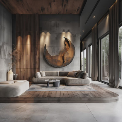Large Abstract Crescent Moon Wall Sculpture, Modern Organic Flame Art, Luxury Metal & Wood Wall Decor, Oversized Statement Artwork for Living Room
