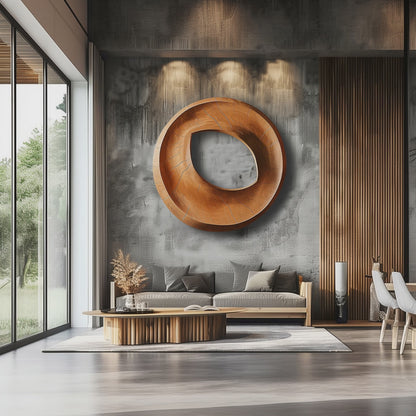 Large Hand-Carved Wooden Hollow Ring Wall Sculpture, 3D Organic Abstract Circle Art, Modern Luxury Statement Wall Decor