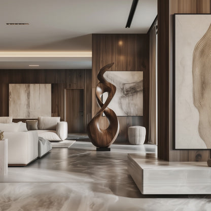 Tall Infinity Flame Wooden Sculpture Hand Carved Solid Wood Abstract Loop Modern Luxury Home Decor