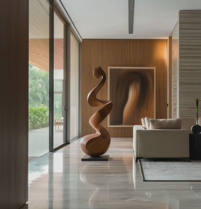 Tall Twisting Wooden Sculpture, Hand Carved Organic Spiral Form, Modern Floor Art, Luxury Abstract Wood Decor for Living Room