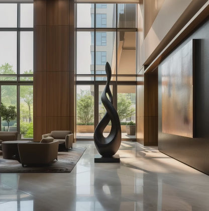 Tall Abstract Flame Infinity Sculpture, Black Wooden Floor Art, Modern Organic Twist Statement for Luxury Lobby Interior Decor