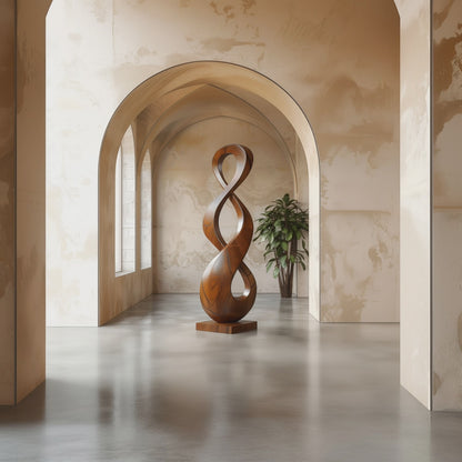 Tall Double Infinity Wooden Sculpture Hand Carved Solid Wood Abstract Twist Modern Luxury Home Decor