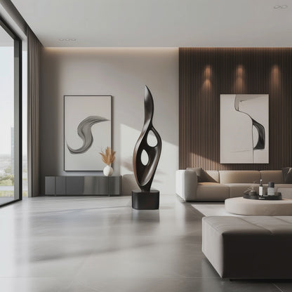 Tall Black Flame Cutout Sculpture Hand Carved Solid Wood Abstract Modern Luxury Home Decor
