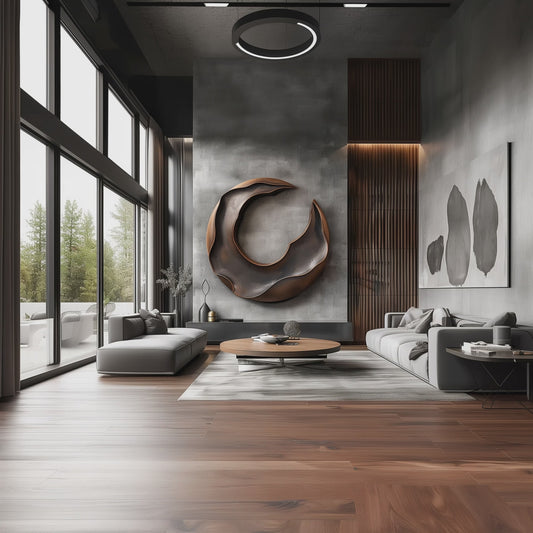 Abstract Round Wooden Wall Sculpture, Modern Crescent Loop Wall Art, Copper Black 3D Carved Statement Decor, Luxury Minimalist Home Accent