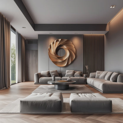 Large Wooden Wall Sculpture, Modern Abstract Spiral Wood Art, Hand Carved Circular Wall Decor for Luxury Living Room