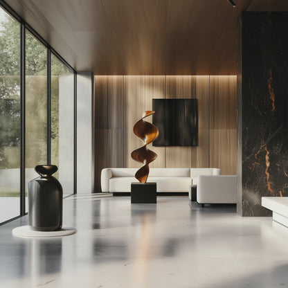 Tall Spiral Wave Wooden Sculpture – Handmade Modern Abstract Layered Twist | Solid Wood Polished Floor Art Contemporary Home Decor