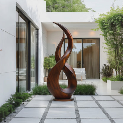 Large Hand-Carved Wooden Flame Twist Sculpture, Abstract Infinity Modern Art, Luxury Statement Floor Decor for Garden or Interiors