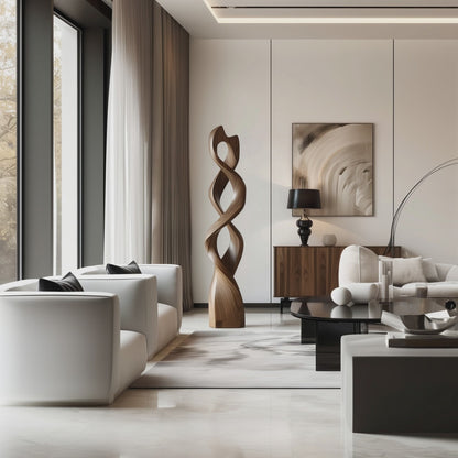 Tall Double Infinity Wooden Sculpture Hand Carved Solid Wood Abstract Twist Modern Luxury Home Decor