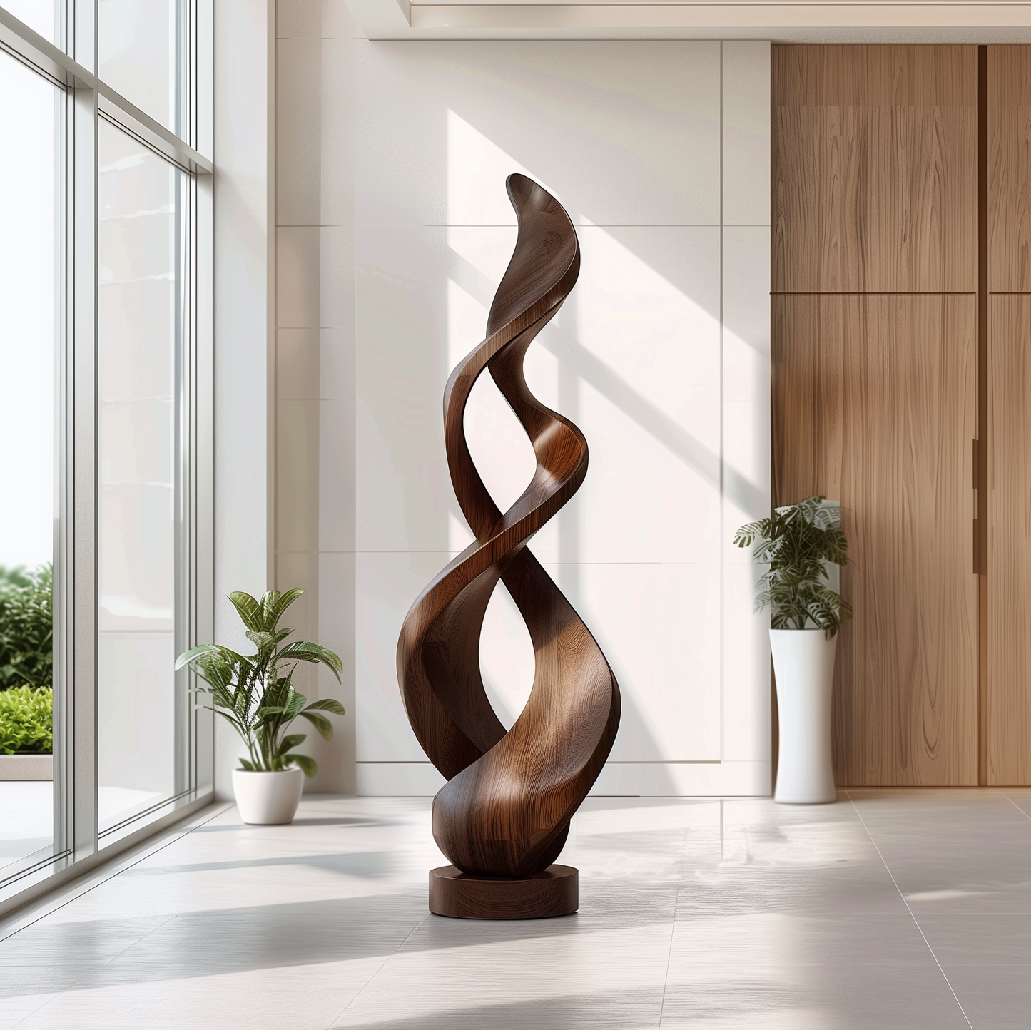 Tall Double Twist Wooden Sculpture – Handmade Abstract Intertwined Design | Solid Wood with Natural Grain Contemporary Floor Art Decor